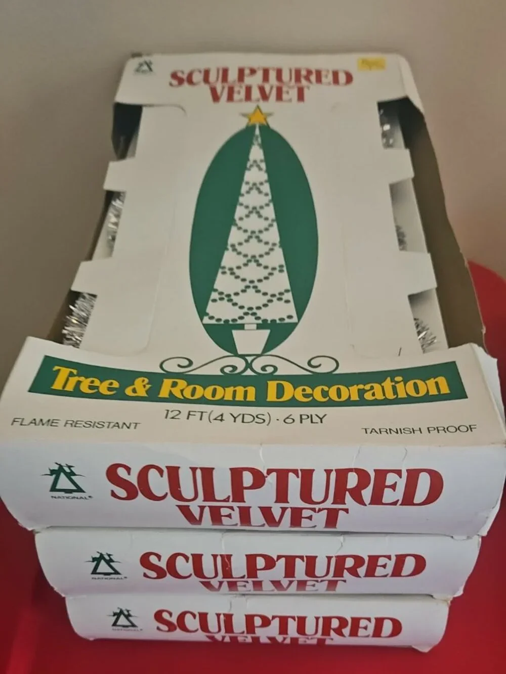 Vintage National Tinsel Mfg Company Sculptured Velvet 12 ft Garland Silver NOS